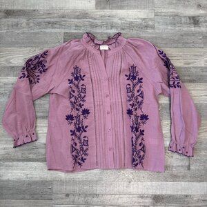 Fate lilac floral embroidered long sleeve blouse pleated ruffled size medium P23
